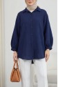 Oval Cut Button-Down Muslin Shirt -Navy blue
