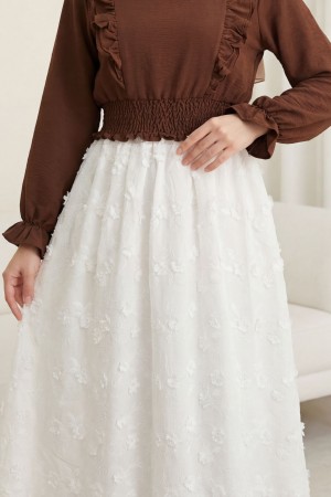 Beli Lastikli Fistolu Astarlı Keten Etek -Ekru