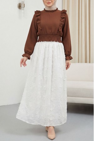 Beli Lastikli Fistolu Astarlı Keten Etek -Ekru