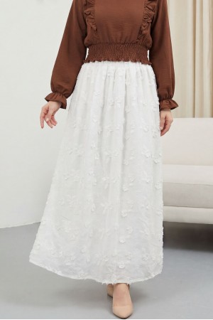 Beli Lastikli Fistolu Astarlı Keten Etek -Ekru