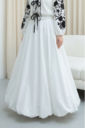 Beli Lastikli Astarlı Poplin Balon Etek -Beyaz