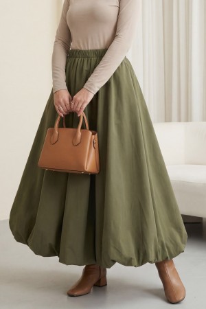 تنورة بالون من قماش البوبلين مبطنة بحزام خصر مطاطي -خاكي