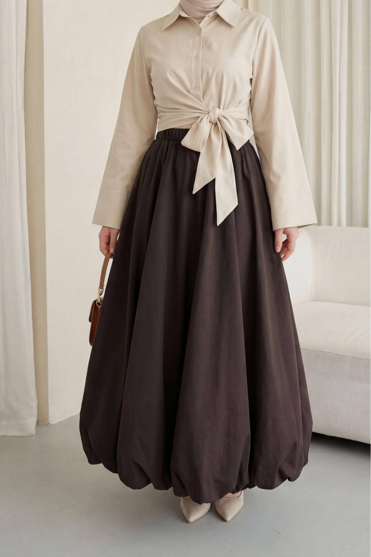Lined Poplin Balloon Skirt with Elastic Waistband -Brown
