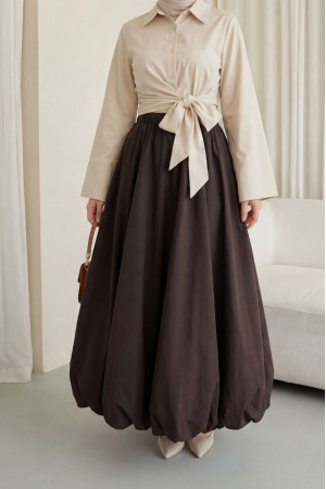 Beli Lastikli Astarlı Poplin Balon Etek -Kahve