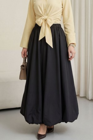 Beli Lastikli Astarlı Poplin Balon Etek -Siyah