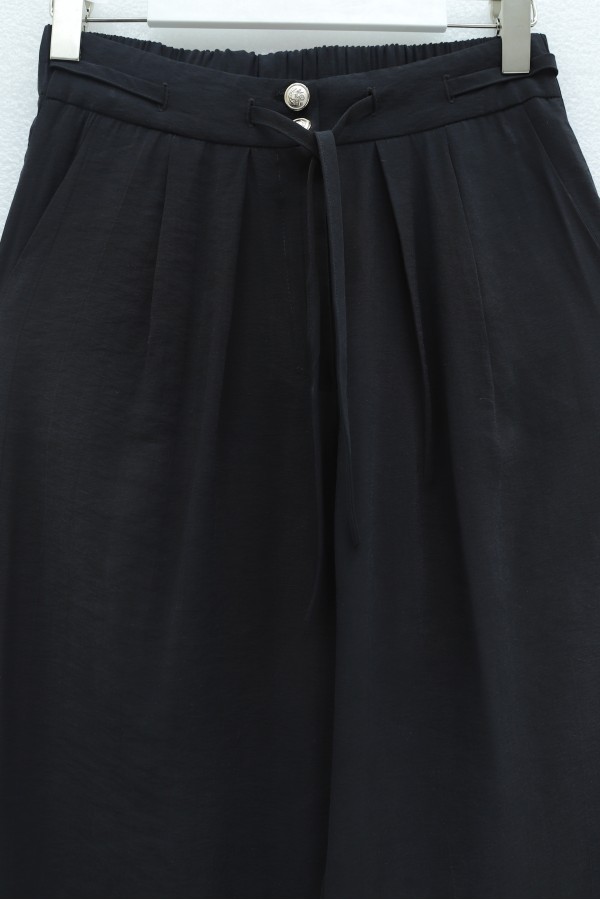 Beli Bağcıklı Çift Düğmeli Yüksek Bel Tensel Pantolon  -Siyah