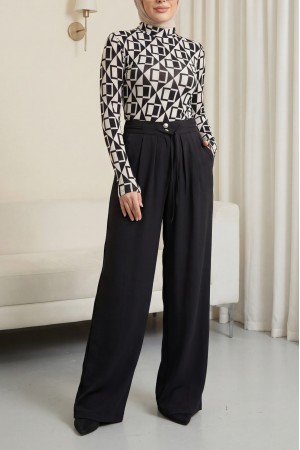 Beli Bağcıklı Çift Düğmeli Yüksek Bel Tensel Pantolon  -Siyah