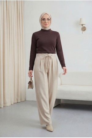 Beli Bağcıklı Çift Düğmeli Yüksek Bel Tensel Pantolon  -Taş