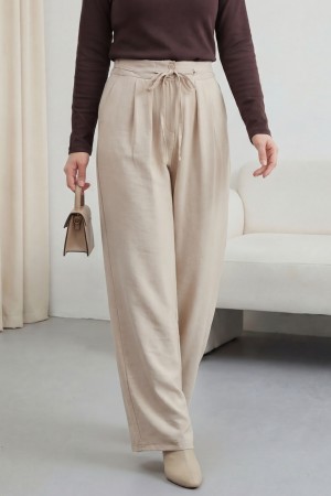 Beli Bağcıklı Çift Düğmeli Yüksek Bel Tensel Pantolon  -Taş