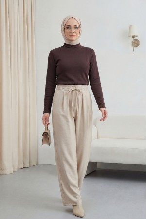 Beli Bağcıklı Çift Düğmeli Yüksek Bel Tensel Pantolon  -Taş