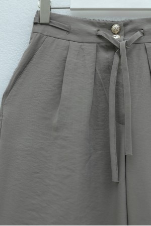 Beli Bağcıklı Çift Düğmeli Yüksek Bel Tensel Pantolon  -Vizon