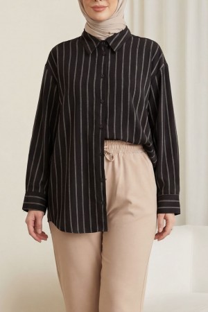 Çizgili Düğmeli Oval Kesim Keten Gömlek -Kahve