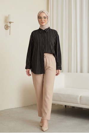 Çizgili Düğmeli Oval Kesim Keten Gömlek -Kahve