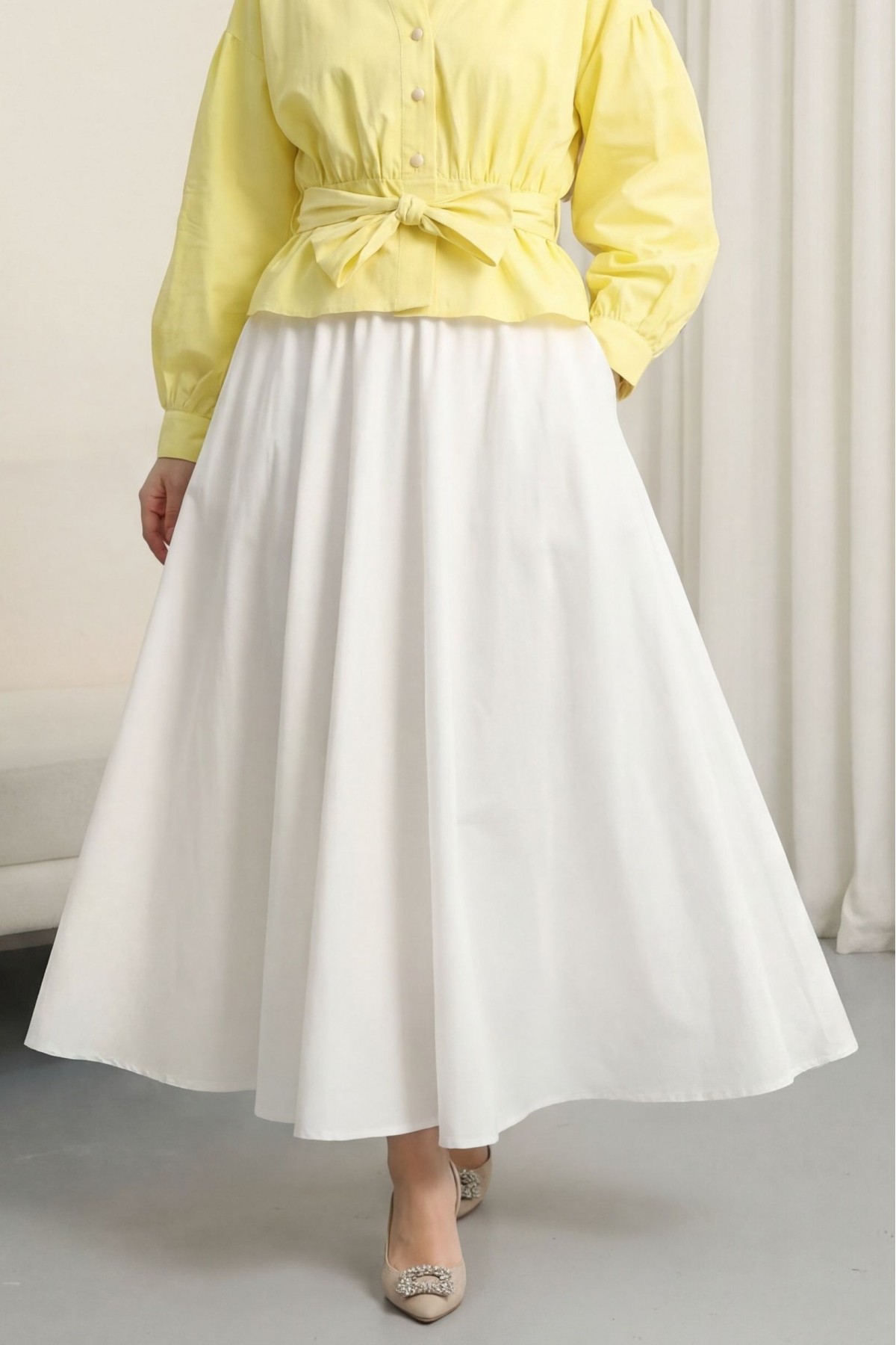 Lined, Zippered Summer Flared Linen Skirt -White