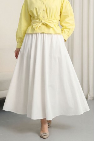 Fermuarlı Astarlı Yazlık Kloş Keten Etek -Beyaz