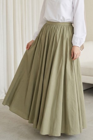 Fermuarlı Astarlı Yazlık Kloş Keten Etek -Haki