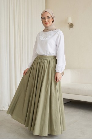 Fermuarlı Astarlı Yazlık Kloş Keten Etek -Haki