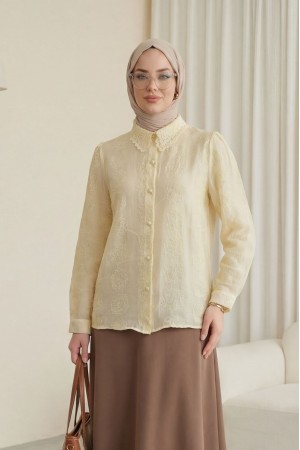 Button-down, lace-trimmed, patterned Jacquard Shirt - Beige