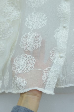 Button-down, lace-trimmed, patterned Jacquard Shirt -Ecru