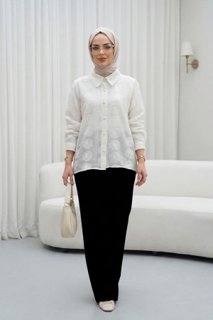 Button-down, lace-trimmed, patterned Jacquard Shirt -Ecru