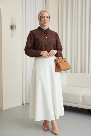 Top Düğmeli Yakası Dantelli Desenli Jakar Gömlek -Kahve