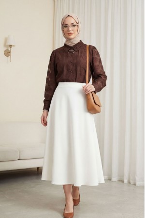 Top Düğmeli Yakası Dantelli Desenli Jakar Gömlek -Kahve