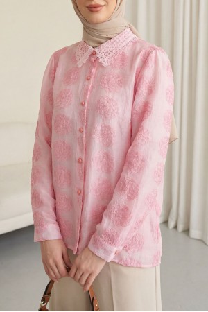 Top Düğmeli Yakası Dantelli Desenli Jakar Gömlek -Pembe