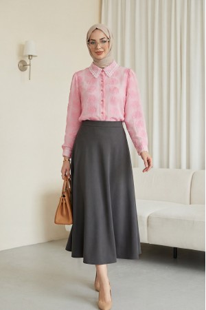 Top Düğmeli Yakası Dantelli Desenli Jakar Gömlek -Pembe