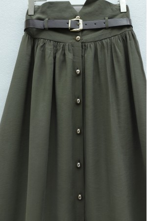 Beli Lastikli Ve Kemerli Önü Düğmeli Yüksek Bel Modal Etek -Haki