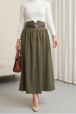 Beli Lastikli Ve Kemerli Önü Düğmeli Yüksek Bel Modal Etek -Haki