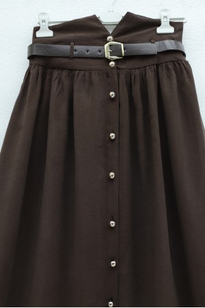 Beli Lastikli Ve Kemerli Önü Düğmeli Yüksek Bel Modal Etek -Kahve