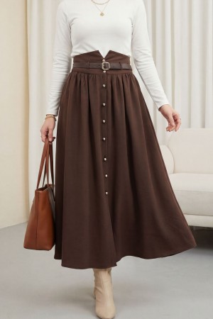Beli Lastikli Ve Kemerli Önü Düğmeli Yüksek Bel Modal Etek -Kahve