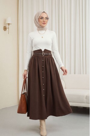 Beli Lastikli Ve Kemerli Önü Düğmeli Yüksek Bel Modal Etek -Kahve