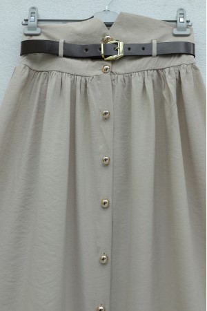 Beli Lastikli Ve Kemerli Önü Düğmeli Yüksek Bel Modal Etek -Taş