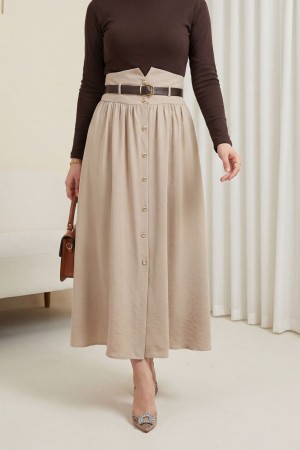 Beli Lastikli Ve Kemerli Önü Düğmeli Yüksek Bel Modal Etek -Taş