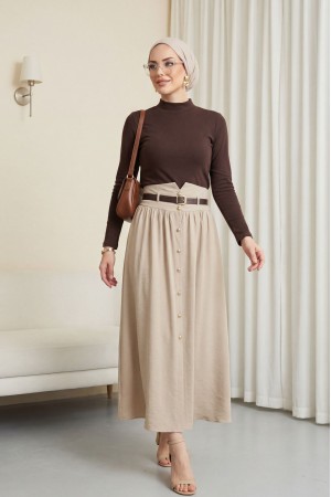 Beli Lastikli Ve Kemerli Önü Düğmeli Yüksek Bel Modal Etek -Taş