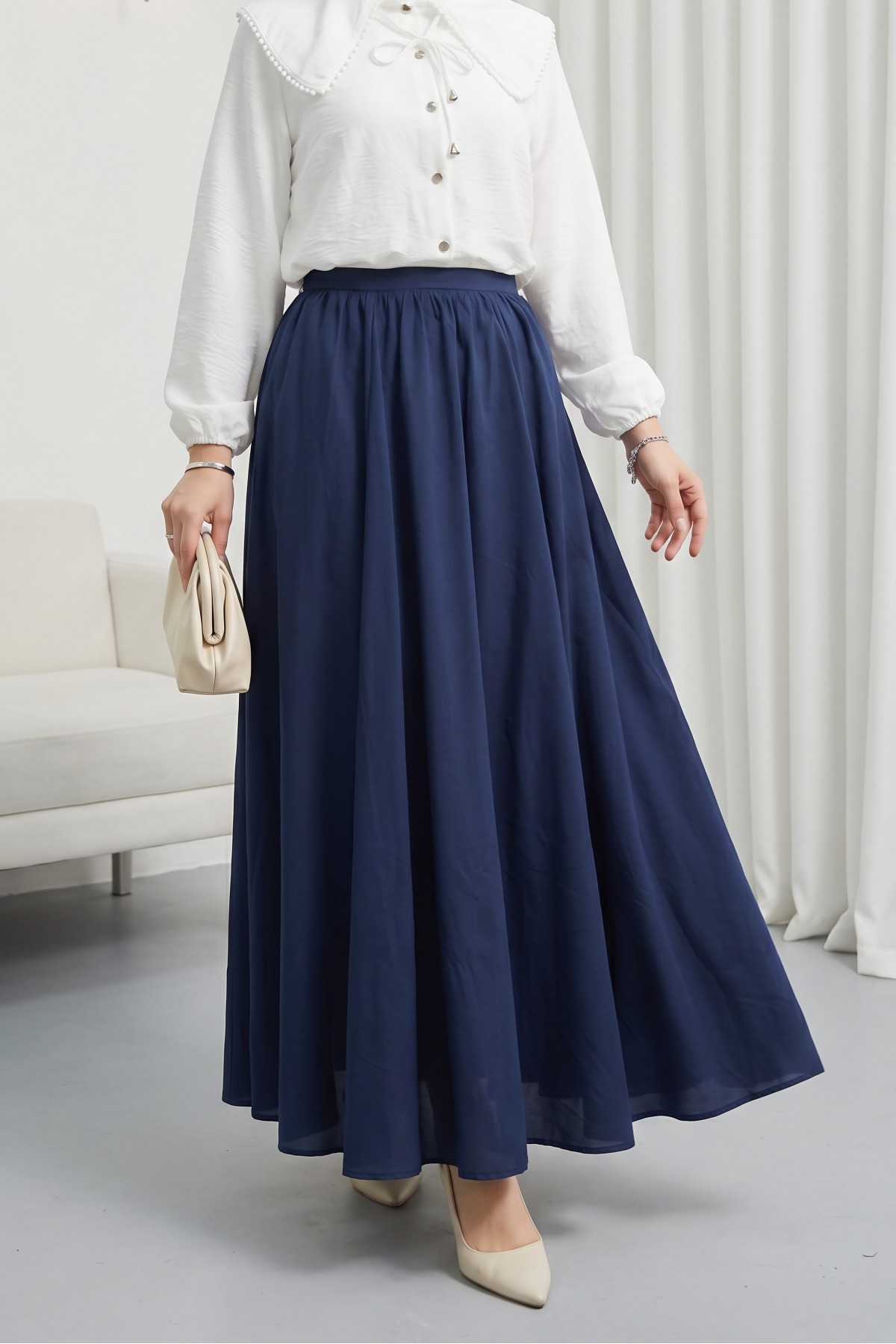 Lined, Zippered Summer Flared Linen Skirt  -Navy blue