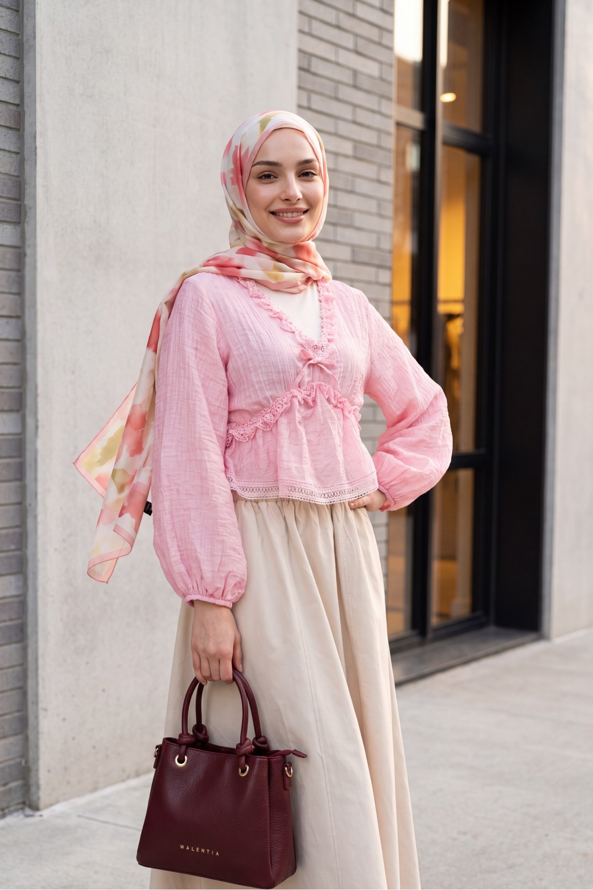 Balloon Sleeve Viscose Blouse with Lace Detail and Elastic Waist -Pink