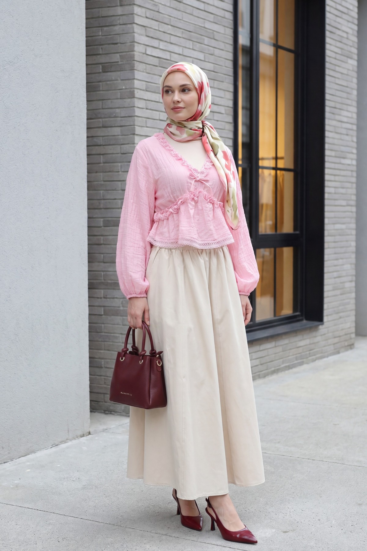 Balloon Sleeve Viscose Blouse with Lace Detail and Elastic Waist -Pink detay görseli