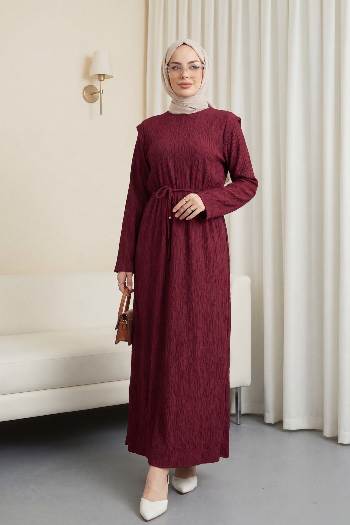 Shoulder Padded Laced Crepe Dress -Maroon