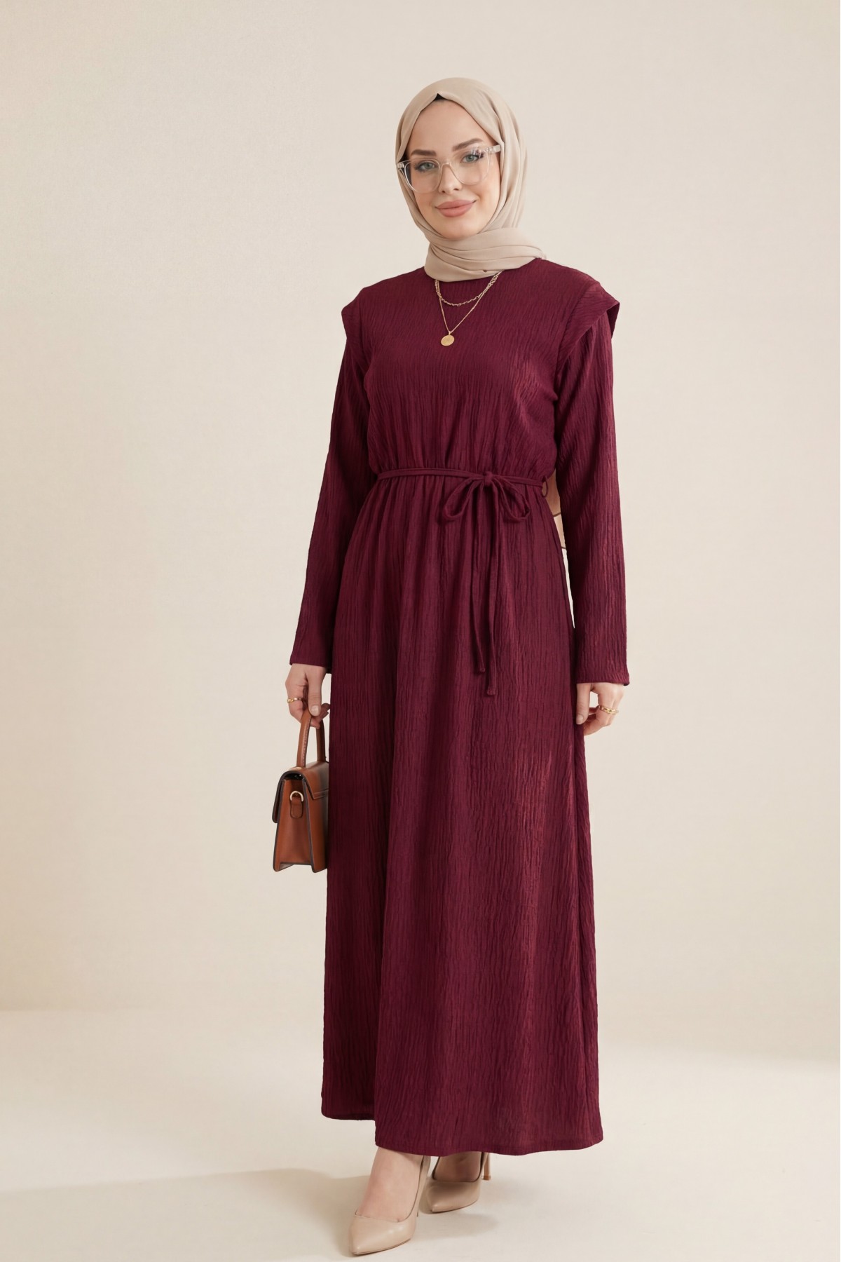 Shoulder Padded Laced Crepe Dress -Maroon
