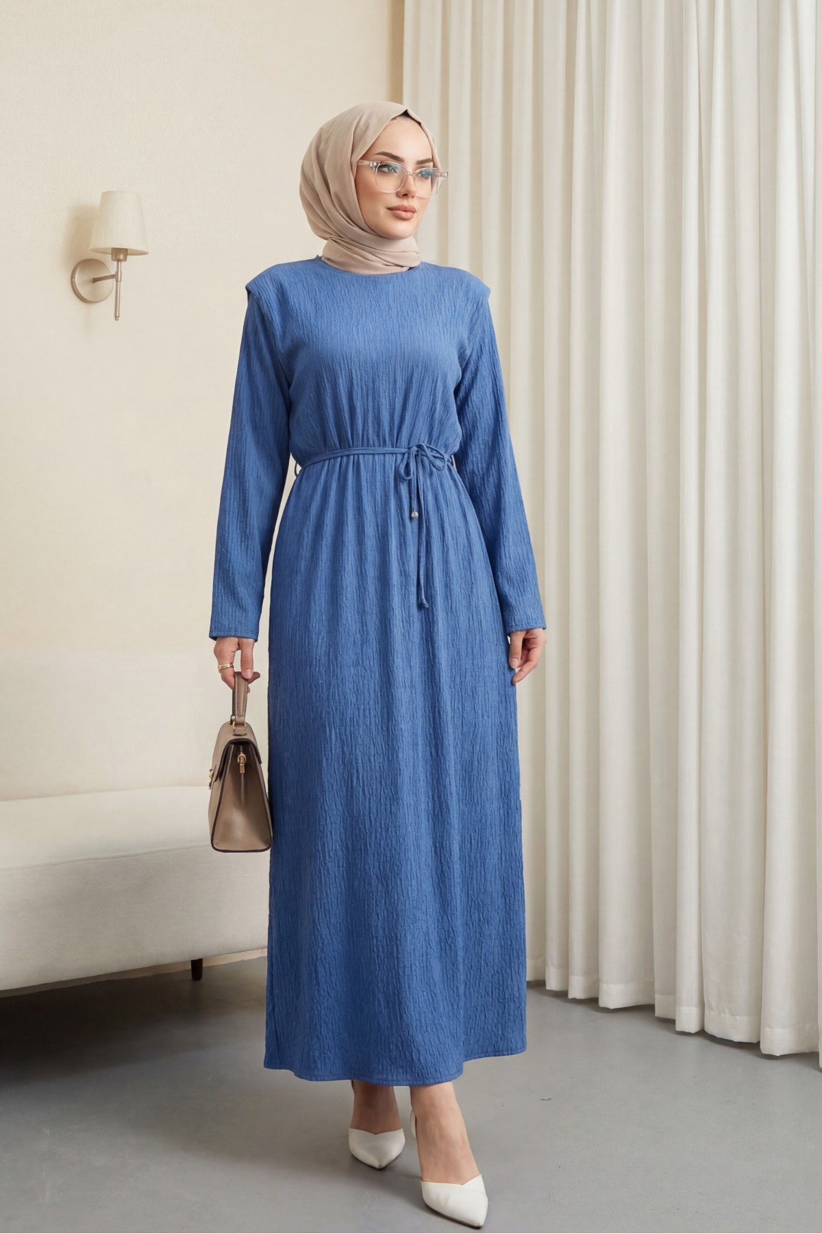 Shoulder Padded Laced Crepe Dress -İndigo