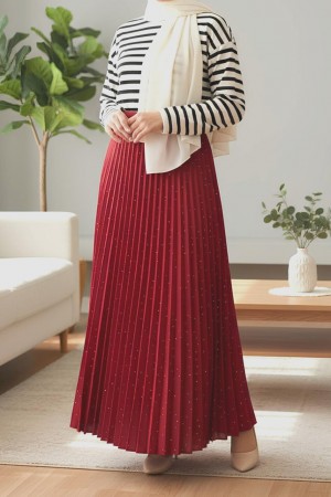 Taşlı Pliseli  Etek  -Kırmızı