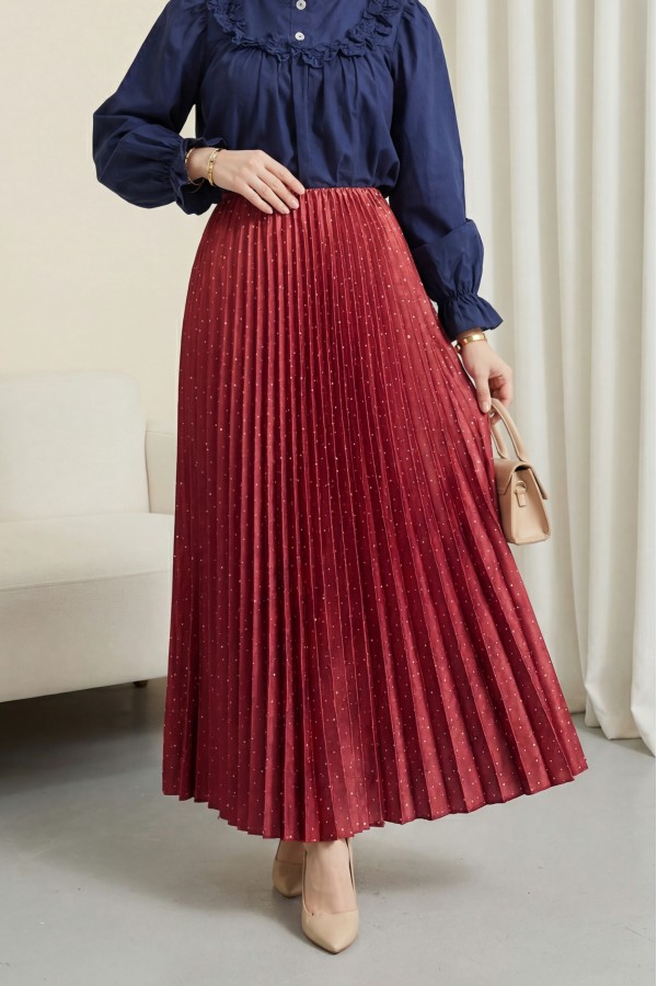 Stoned Pleated Skirt  -Red