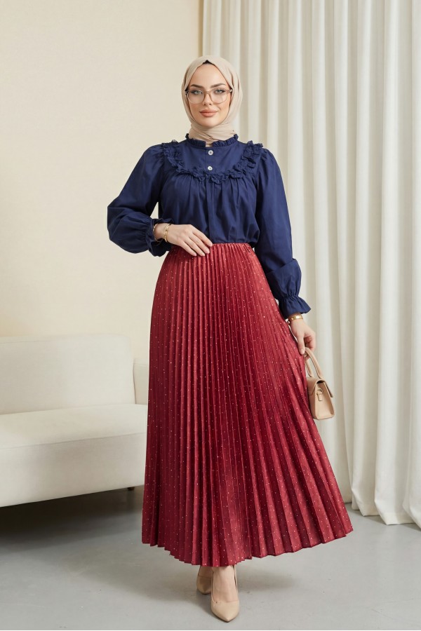 Stoned Pleated Skirt  -Red