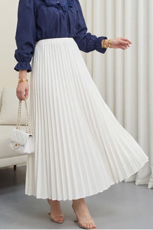 Taşlı Pliseli Etek  -Krem