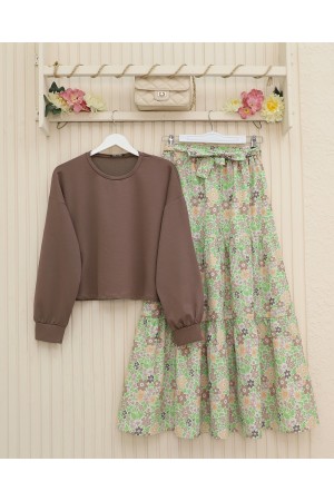 Floral Patterned Belted Two Piece Suit -Brown