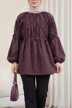 Kolları Lastikli Papatya Detaylı Poplin Tunik -Mürdüm