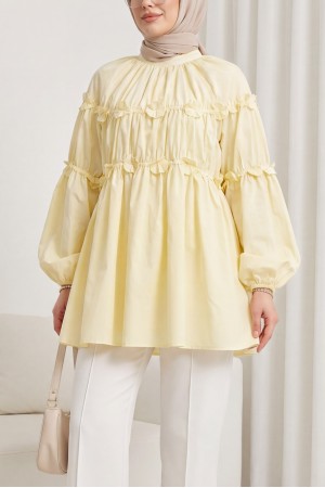 Kolları Lastikli Papatya Detaylı Poplin Tunik -Sarı