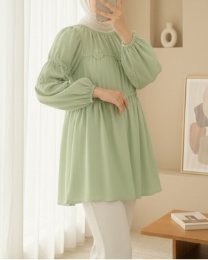 Poplin Tunic with Elastic Sleeves and Daisy Detail -Sea green
